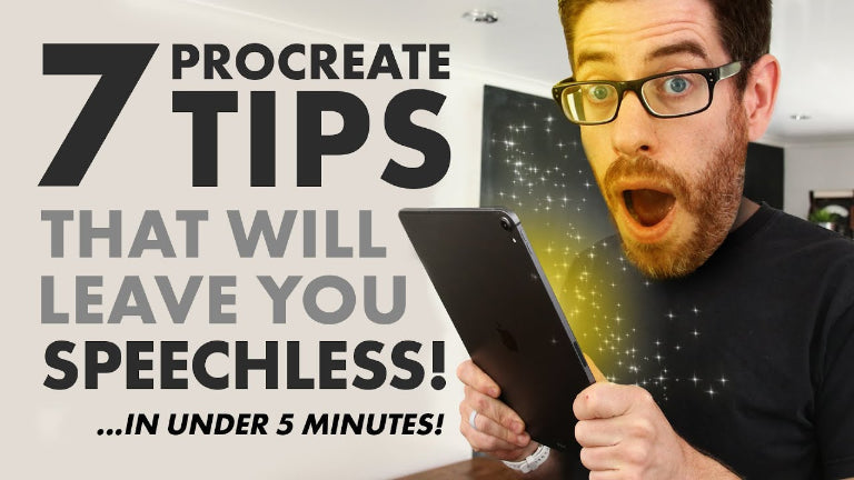 A vibrant yellow YouTube thumbnail with the text "7 PROCREATE TIPS That Will Leave You Speechless!" alongside the Procreate logo and an Apple Pencil drawing on an iPad.