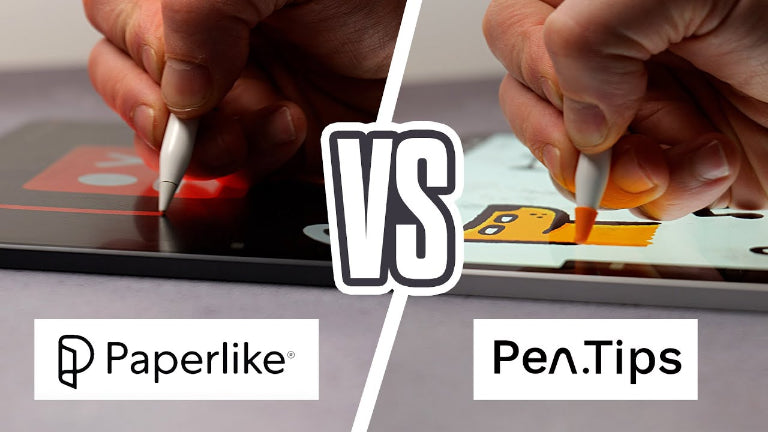 A comparison of two iPads displaying digital artwork side-by-side: one fitted with a Paperlike matte screen protector and the other showing an Apple Pencil with a PenTips silicone nib cap attached.